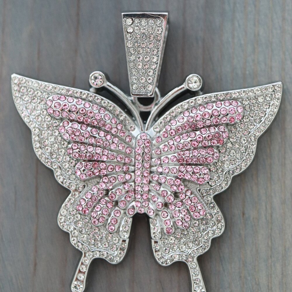 Silver Butterfly Pendant Necklace with Pink Crystals